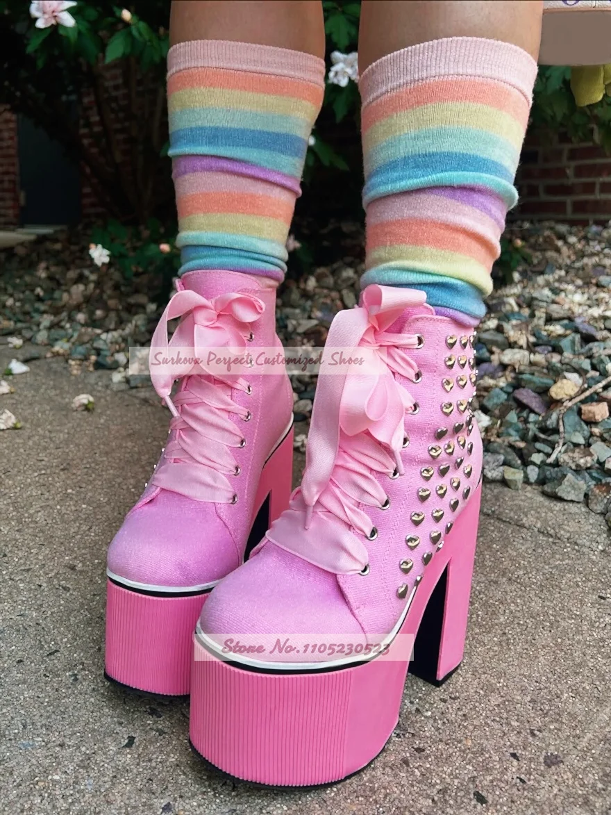 Pink Chunky Heel Platform Ankle Boots Heart Shaped Punk Spikes Block Heels Booties Metal Decor Lace Up Gothic Cosplay Footwear