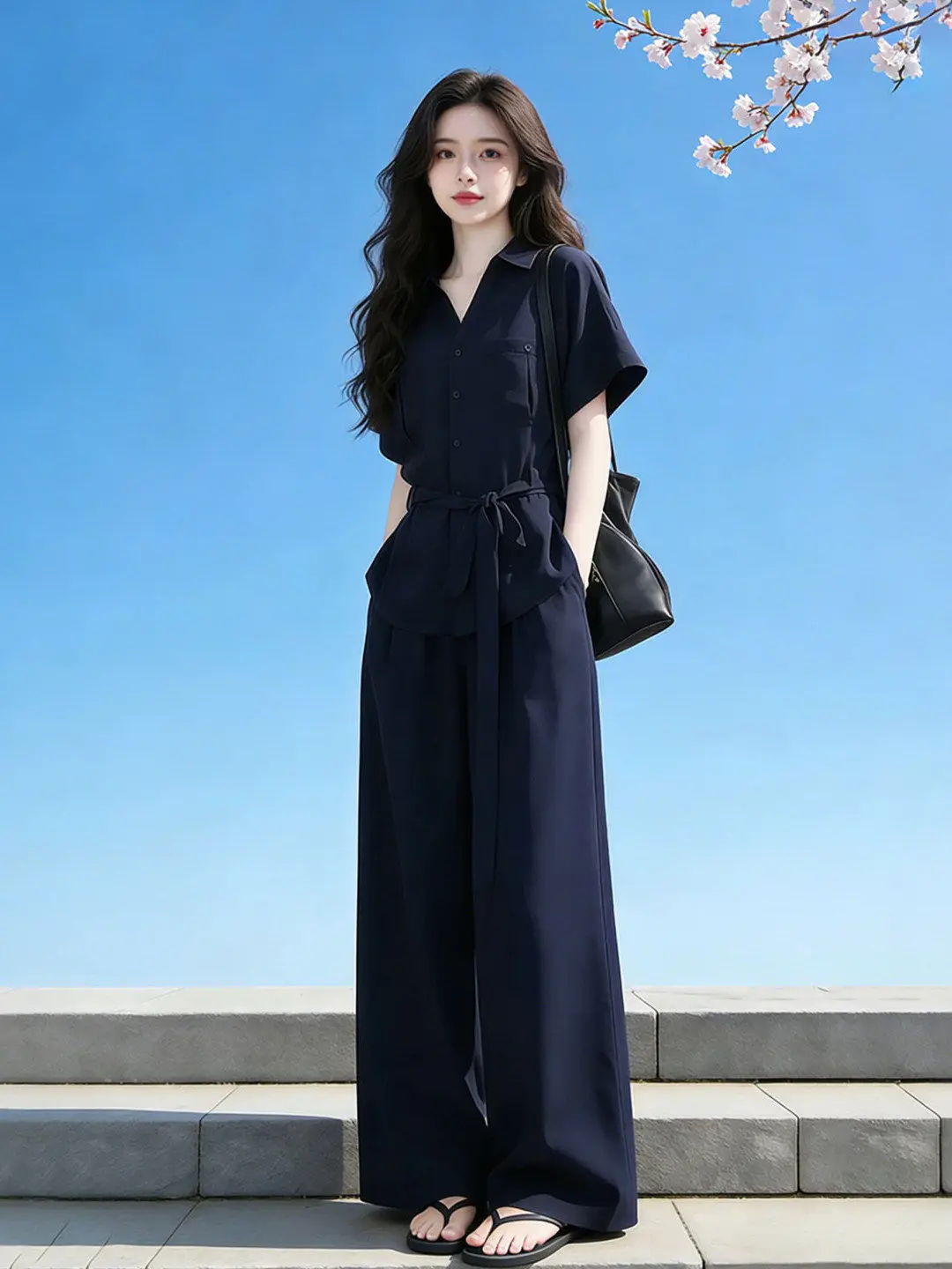 2026 Summer Korean Style Commute Short Sleeve Shirt Casual Wide Leg Pants Two Piece Set Breathable Loose Fit High Waist