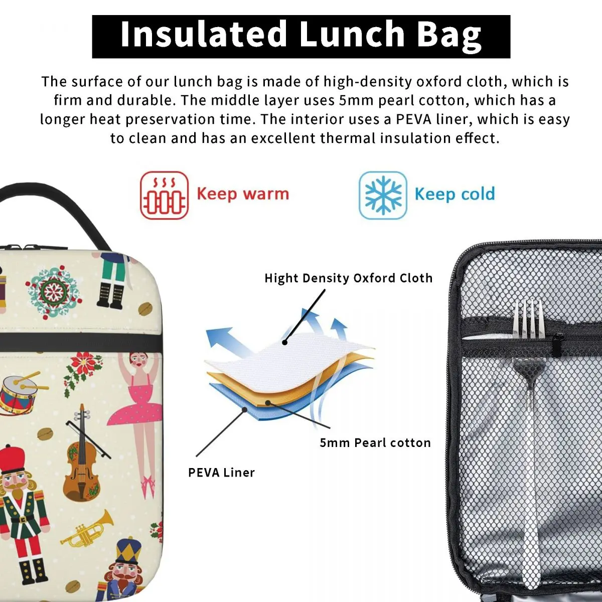 Christmas Day Xmas Nutcracker Insulated Lunch Bag for Women Kids Portable Food Boxes Thermal Lunch Box Tote