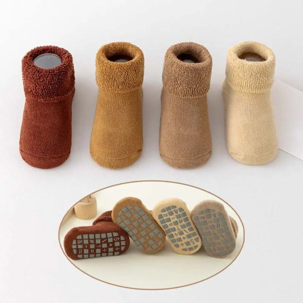 4Pairs Solid Color Thicken Baby Socks Anti-slip Winter Autumn Infant Learning Walk Socks Baby Hosiery Warm Home Sleep Socks
