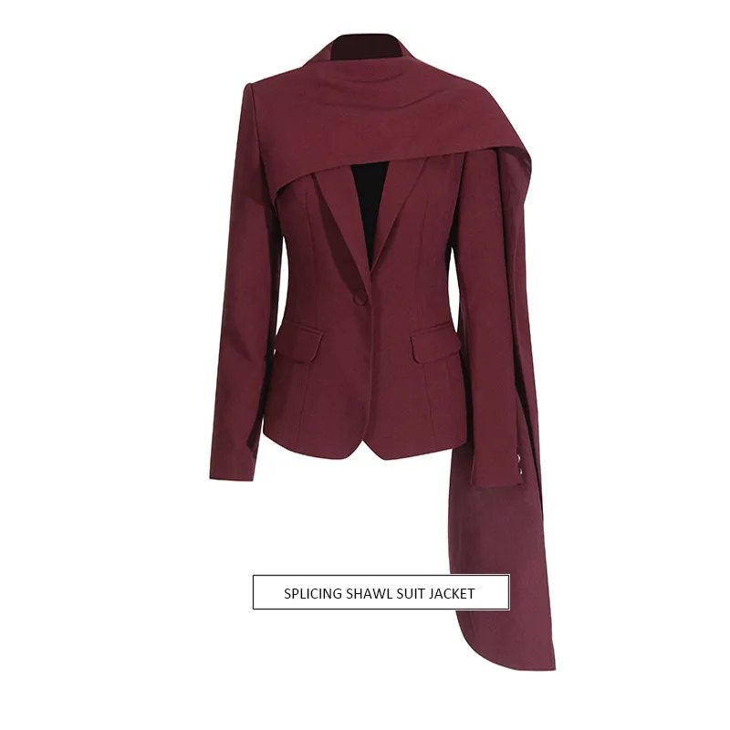 

Temperament retro Angola red suit 2025 new splicing shawl design feeling waist thin suit jacket women