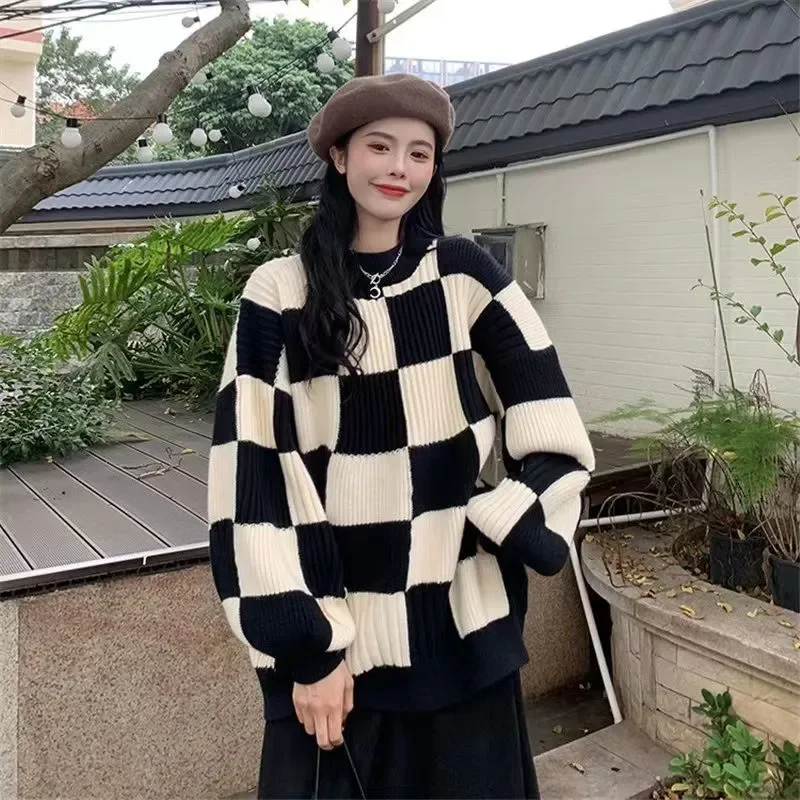 Knitwear sweater women's autumn and winter checkerboard lazy style European and American fashion trendy loose casual tops