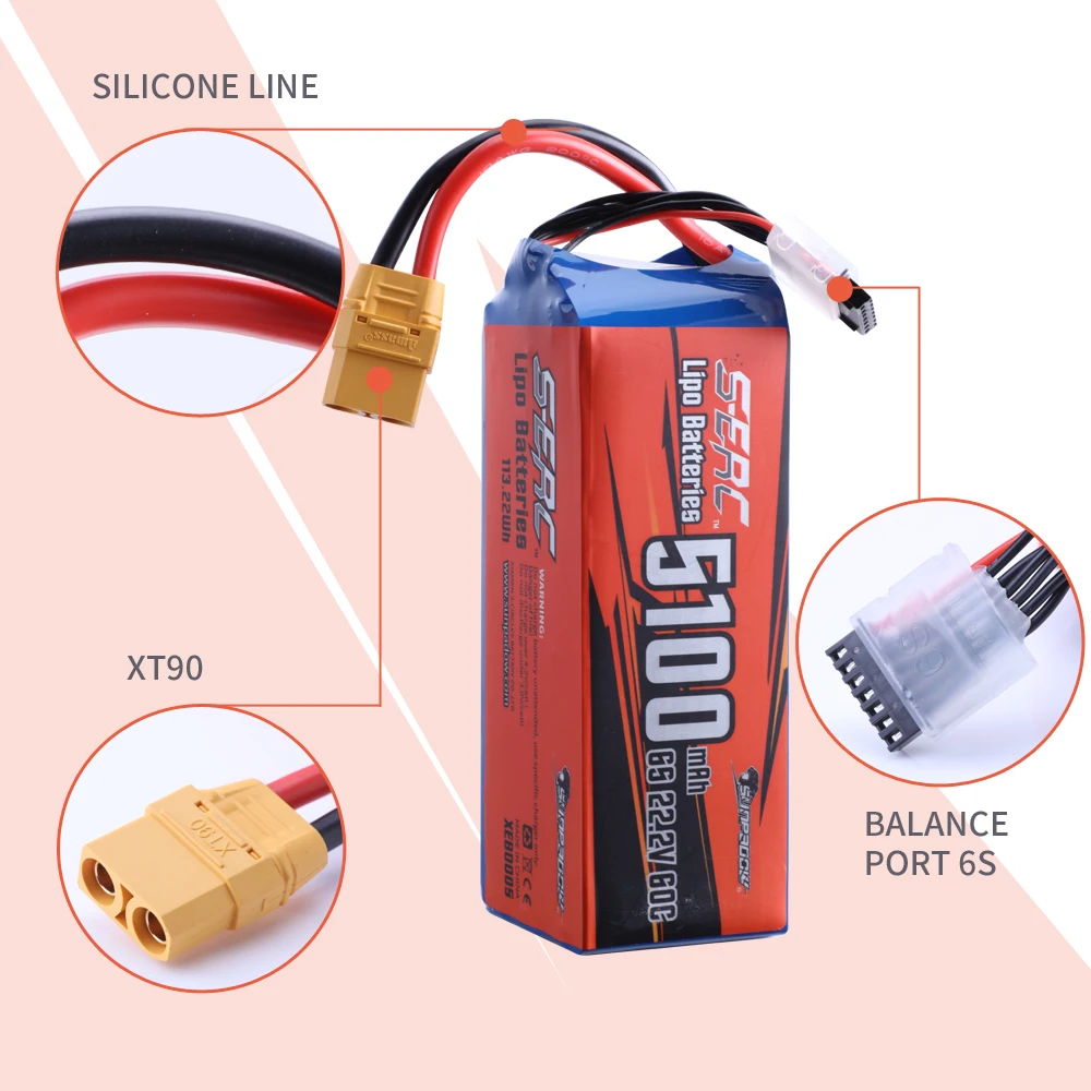 SUNPADOW 6S RC Lipo Battery 22.2V 60C 5100mAh with XT90 Connector for RC Airplane Aircraft Quadcopter Drone FPV Helicopter