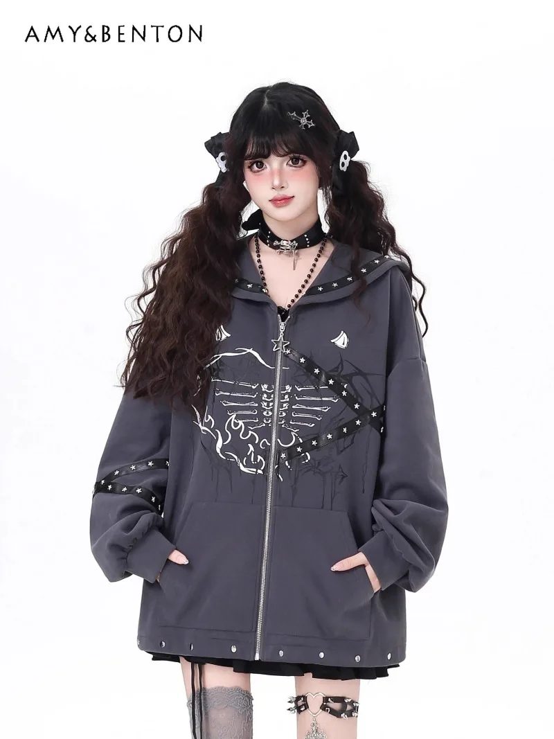 오리지널 네이비 칼라 서브컬쳐 다크 고딕 프린트 리벳 긴팔 지퍼 후드티 여성 일본 대학 스타일 루즈 후드티