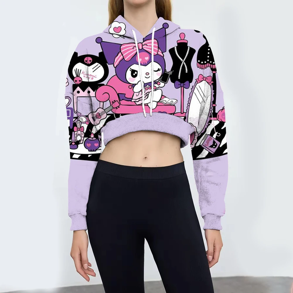 

Fashion Female Hoodie Personality Hello Kitty Kuromi print Crop Ultra Short Style Long Sleeve Top Autumn New Female Sweatshirt