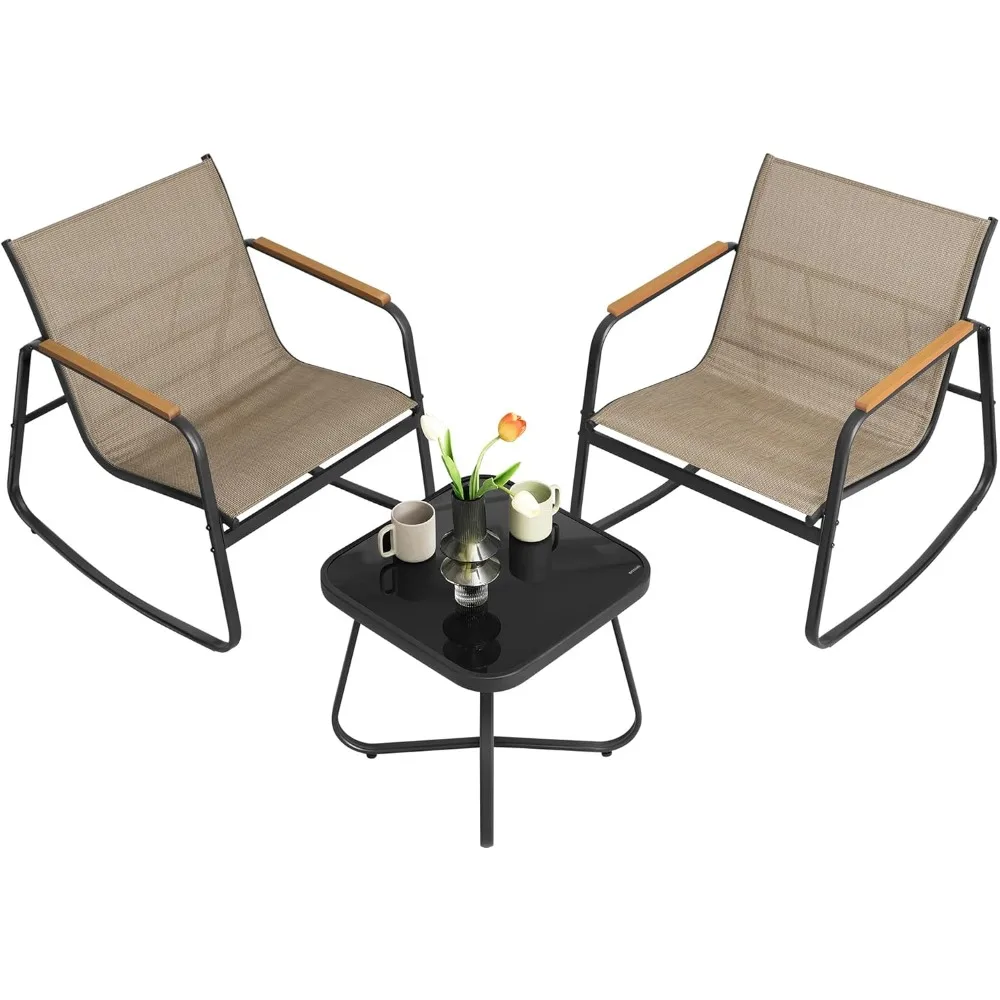 

3-Piece Patio Furniture Set, Garden Coversation Set, 2 Rocking Chairs, Table, Outdoor Lawn Backyard, Steel, with Armrests, Brea
