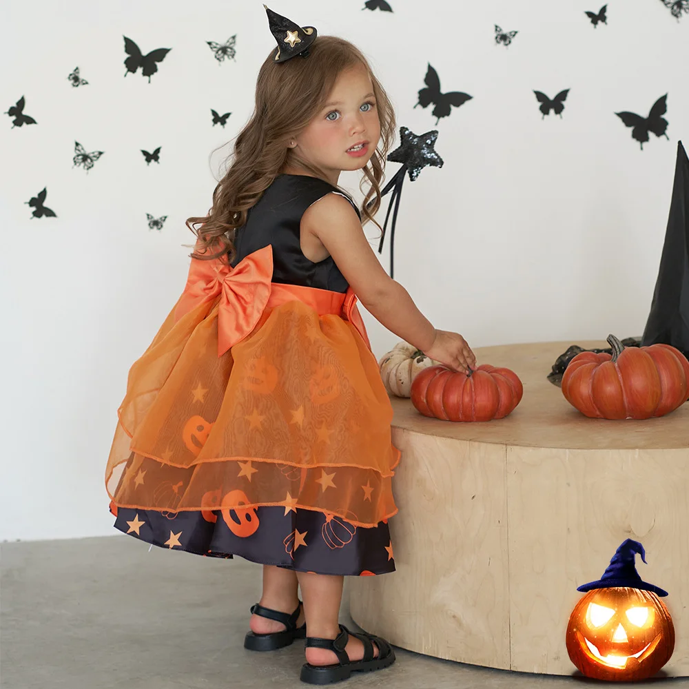 Vestido de princesa de calabaza para niña, disfraz de Halloween, fiesta, juego de bruja pequeña, actividad de jardín de infantes, rendimiento, nuevo