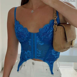 CIBBAR Lace Floral Corset Top Women Sleeveless See Through Mesh Crop Tops Club Party Backless Camisole Fairycore Cute Strap Tees