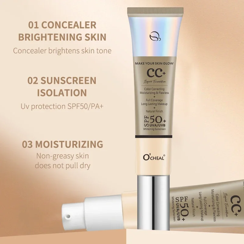 Ocheal 30g CC Cream Fondotinta Waterproff Correttore Crema solare idratante Liquido SPF 50+ Primer trucco illuminante a lunga durata