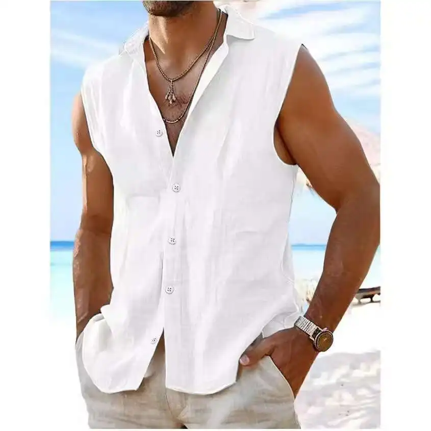 Summer Men's Fitness and Casual Vest, Loose-Fitting Sleeveless Shirt, Linen Material