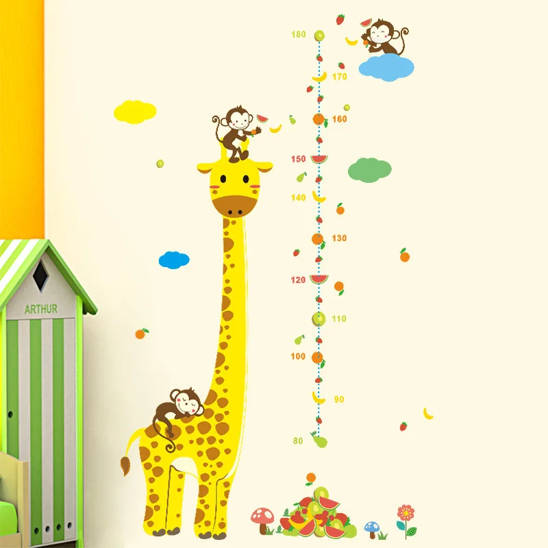 Cartoon Wall Sticker for Kids Room Jungle Animals Monkey Giraffe Height Measurement, Wall Sticker for Home Decoration