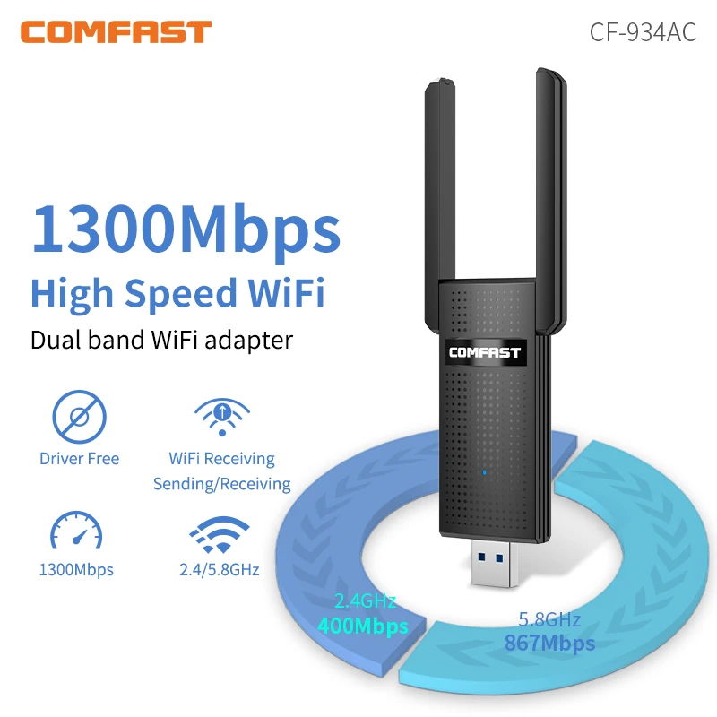 

1300Mbps Adaptador USB WiFi Adapter Free Driver Network Card 5G RTL8812CU Antena Para Wi fi Receiver for PC Win 10 11 Mac Linux