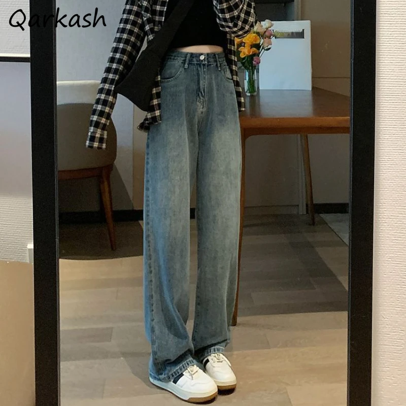 

Wide Leg Jeans Women Teens Student Korean Style Fashion Denim Distressed Trouser Streetwear High Waist Vintage Full-Length Cool