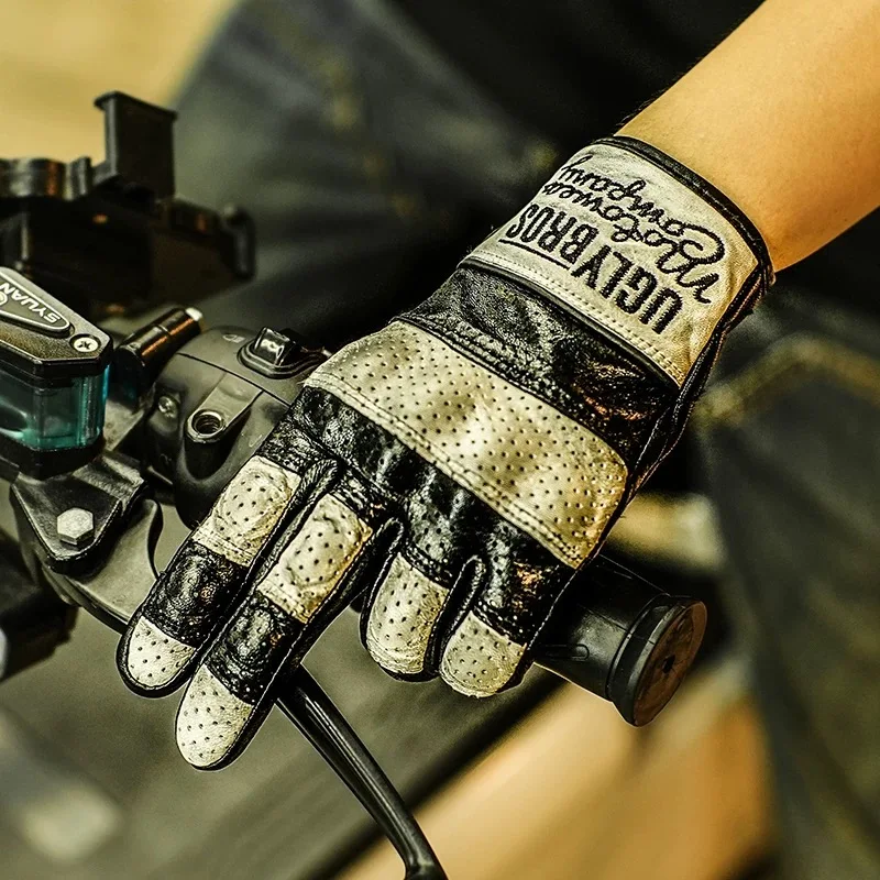 Uglybros Unisex Genuine Leather Motorcycle Gloves Retro For Moto Riding Glove Touch Screen Compatible 2 Colors Size: S-3XL