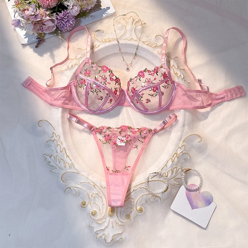 

Sexy Lingerie Floral Embroidery Bra and Panty Set Sweet Mesh Underwear Boudoir Erotic Lingerie Girl Pink Intimates Fantasy Set