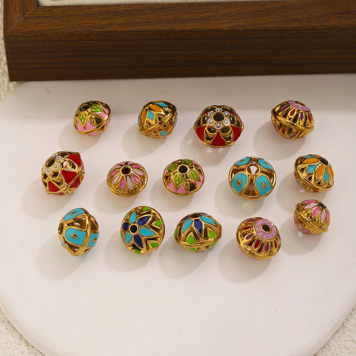 5PCS Stainless Steel Enamel Spacer Beads PVD Gold Mixed Floral Pattern DIY Jewelry Making for Bracelet Necklace Craft Supplies view 5
