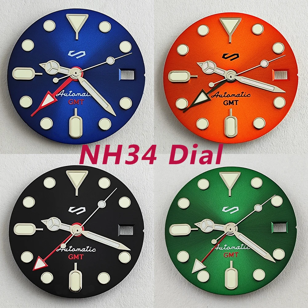 NH34 dial NH34 hands 28.5mm GMT Four Hands Green Luminous Watch Dial for NH34 Movement Modified Dials Replacement Watch parts