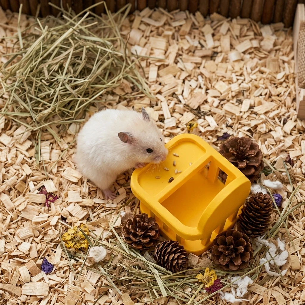 12cm Mini Hamster Dining Seat with Snack Tray, Cute Yellow Feeding Chair, Cage Decor Accessory for Syrian Dwarf Hamsters