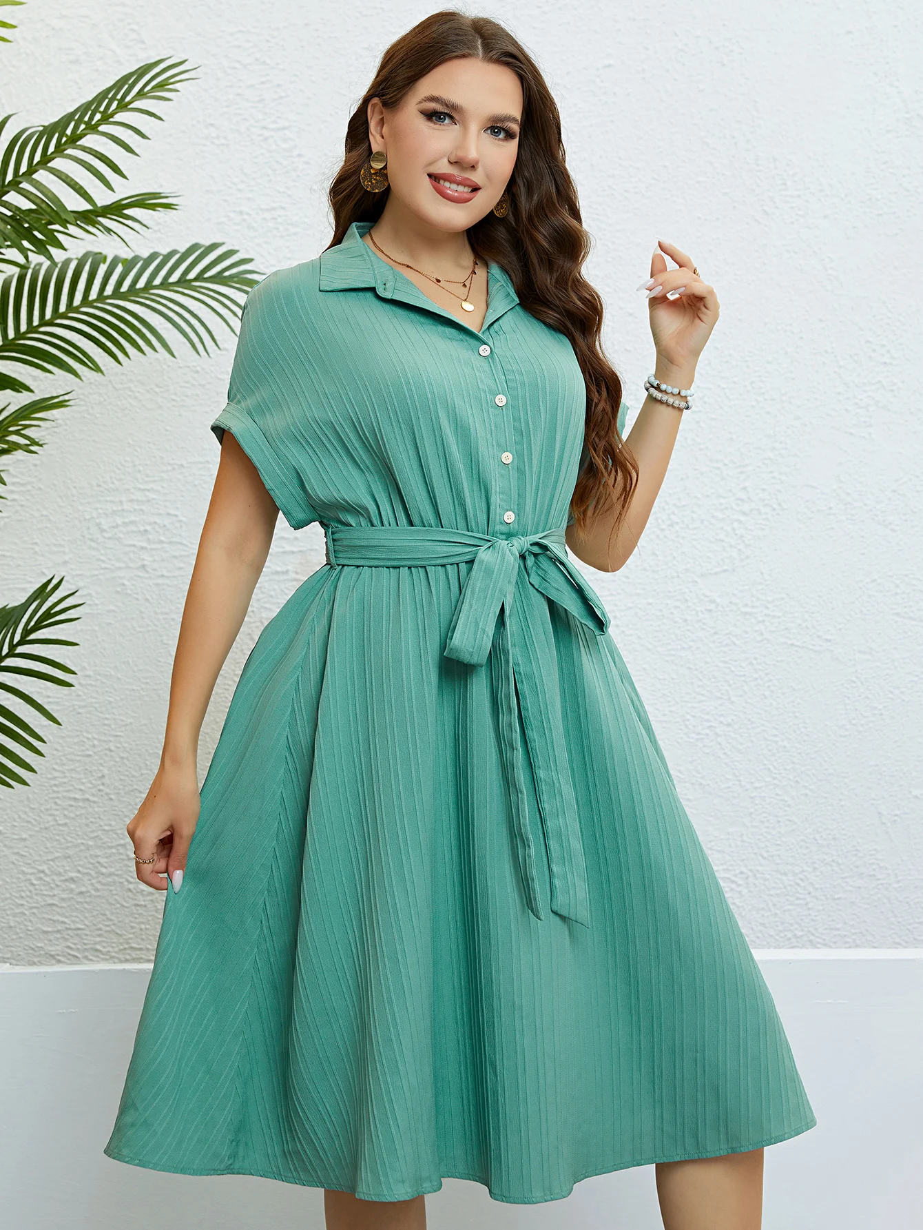 Turndown Collar Button Belt Female Midi Oversized Dresses Urban Casual Short Sleeve Summer Dress For Women Plus Size Clothing