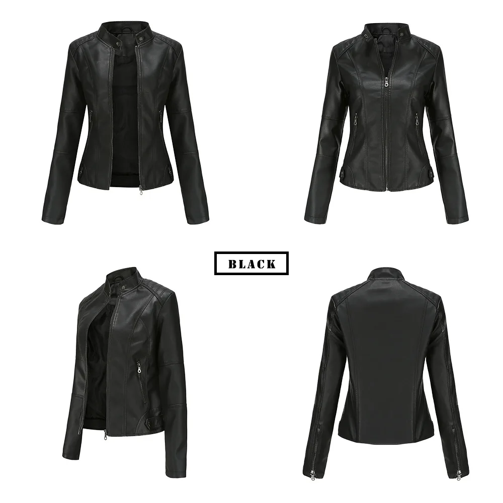 Women's Slim Fit Leather Jacket with Motorcycle Suit, Large Standing Collar, Autumn Black Zipper Outdoor Leather Windproof Top