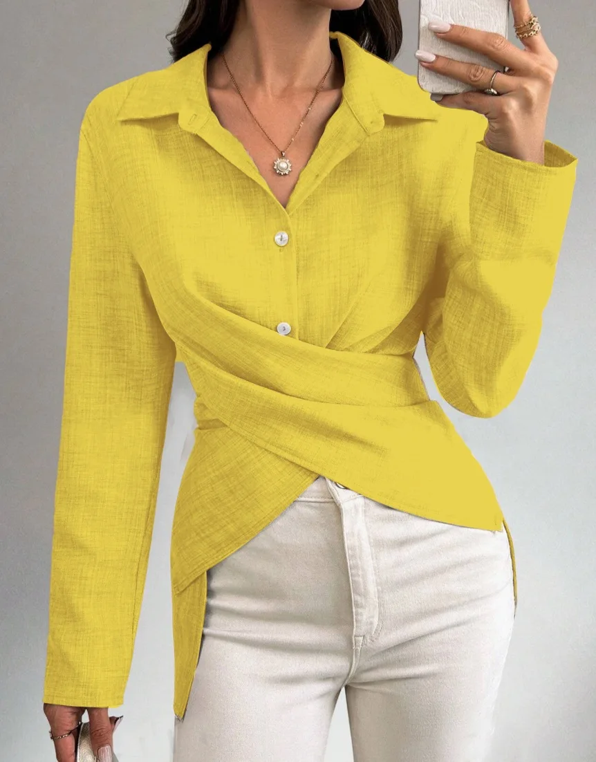 

Autumn Women's Shirt Simple, Fashionable, Versatile, Waist Cinching, Solid Color, Long Sleeved, Lapel Shirt, Women's Clothing