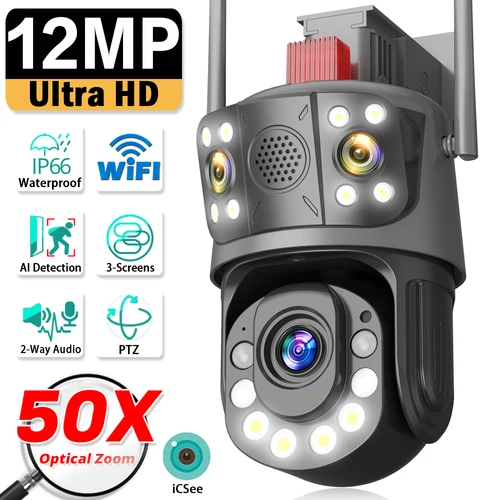 Cámara de vigilancia con Zoom óptico 50X, WiFi, cámara PTZ inalámbrica para exteriores, tres lentes, 12MP, 6K, cámara de seguridad de vídeo inteligente CCTV iCSee