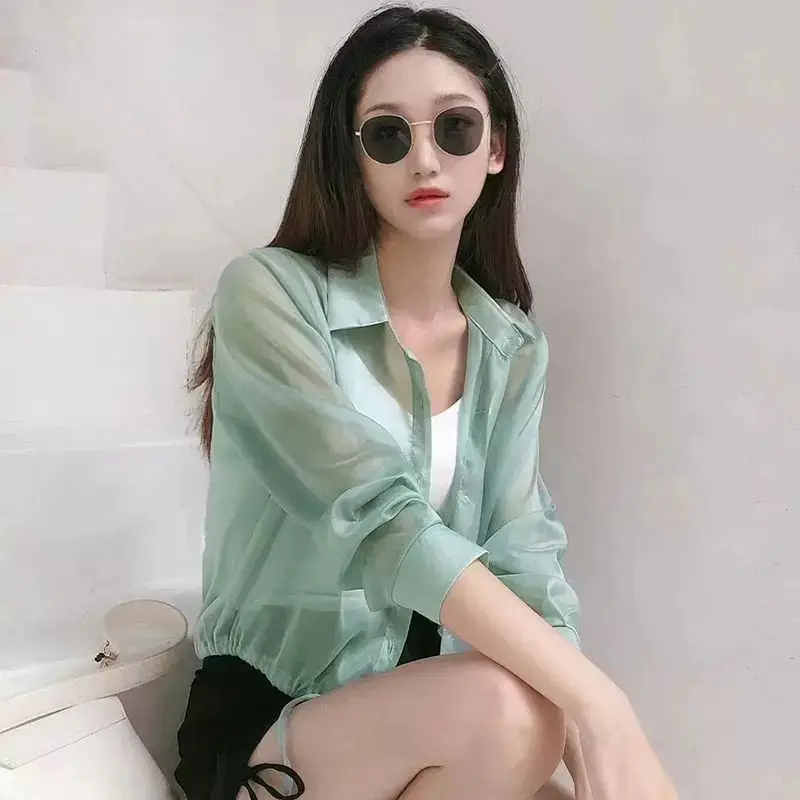 Thin Simplicity Long Sleeve Drawstring Short Street Casual Shirt Tops Summer Neck Korean Blouse Fashion Trend Women Clothes