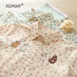 Sweet Cartoon Shirt for Girls Long Sleeve Turn-down Collar Embroidery Cat Pattern Tops Japanese Forest Style Blouse Polka Dots