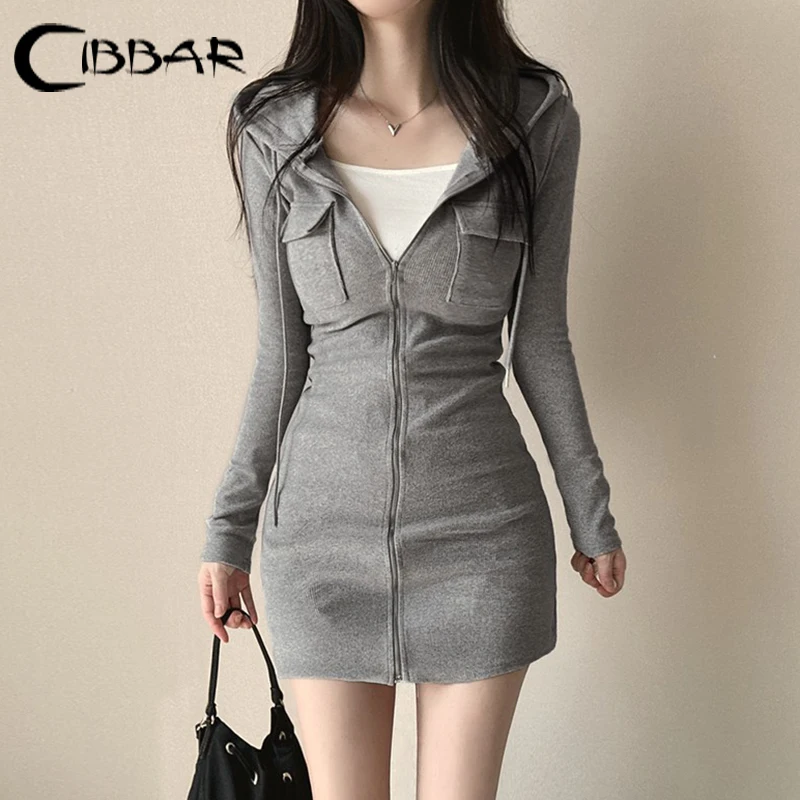 CIBBAR Zip-up Skinny Knitted Dress with Hooded Korean Fashion Pocket Patchwork Causal Mini Dresses for Women y2k Streetwear Lady