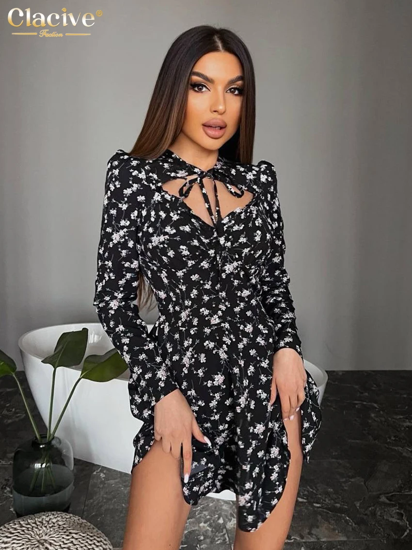 

Clacive Fashion Loose Print Women's Dress 2026 Autumn O-Neck Long Sleeve Mini Dresses Elegant Classic Hollow Out Female Dress