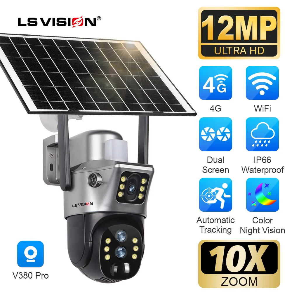 LS VISION 12MP 10X Zoom Dual Screen Solar Camera Outdoor 6K 4G/WiFi PTZ 2-Way Talk Human Auto Tracking Security Camera V380 Pro