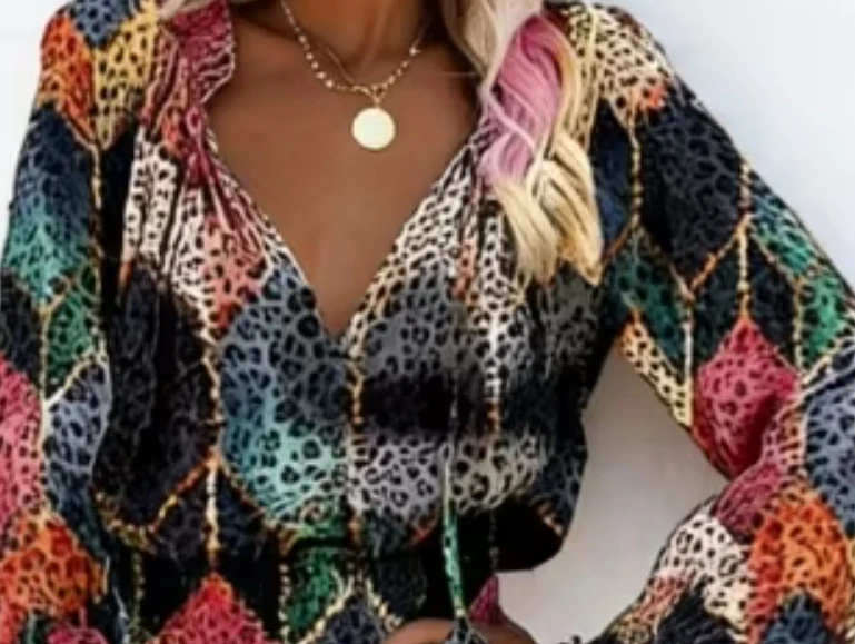 

Women's Stylish Long Sleeve Dress Leopard Diamond Pattern Ruffled Hem Fashionable Dress