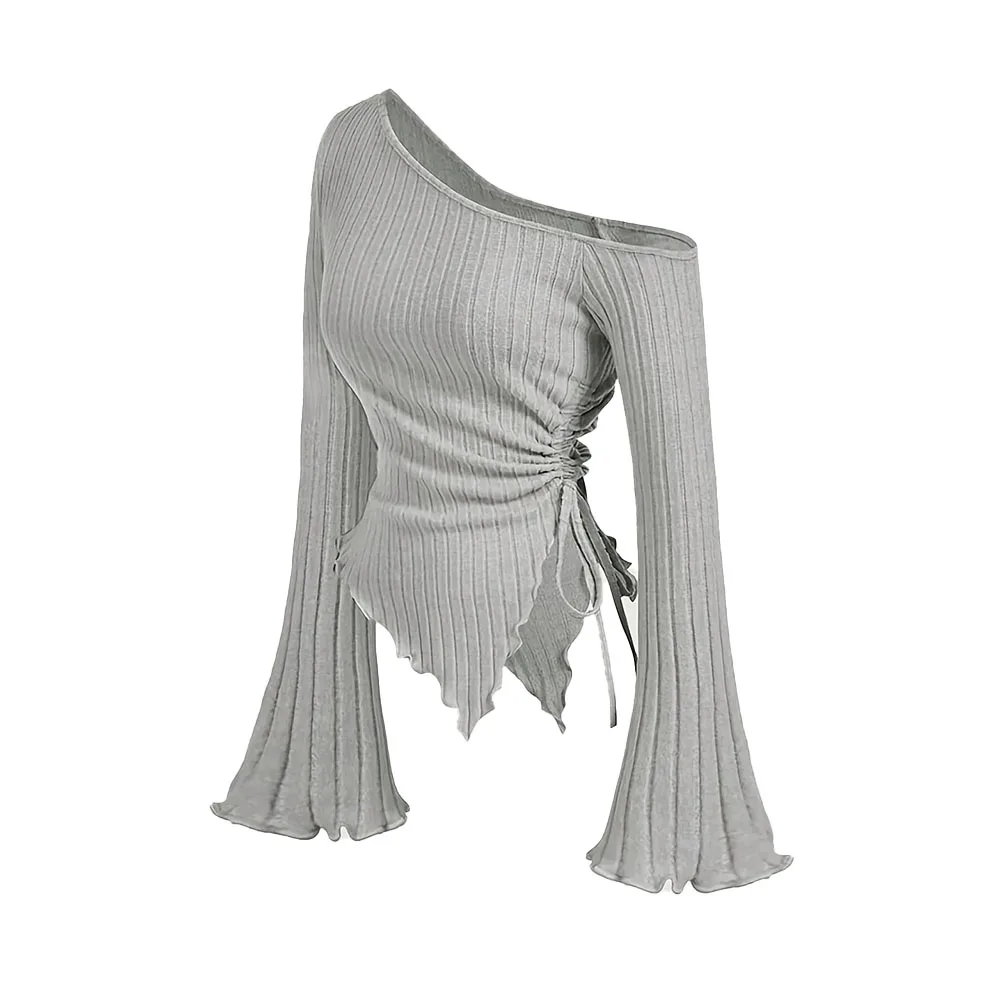 تي شيرت نسائي بلون سادة بدون أكتاف وأكمام طويلة مقاس نحيف كاجوال على طراز الشارع غير متماثل أنيق بأكمام بوق #1