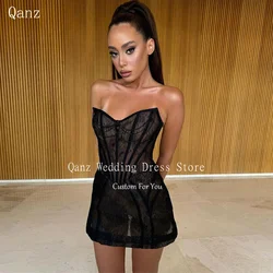 Qanz Sexy See Through Prom Dresses Sweetheart No Gloves Black Lace Cocktail Dresses Short Mermaid Birthday Dresses Customized