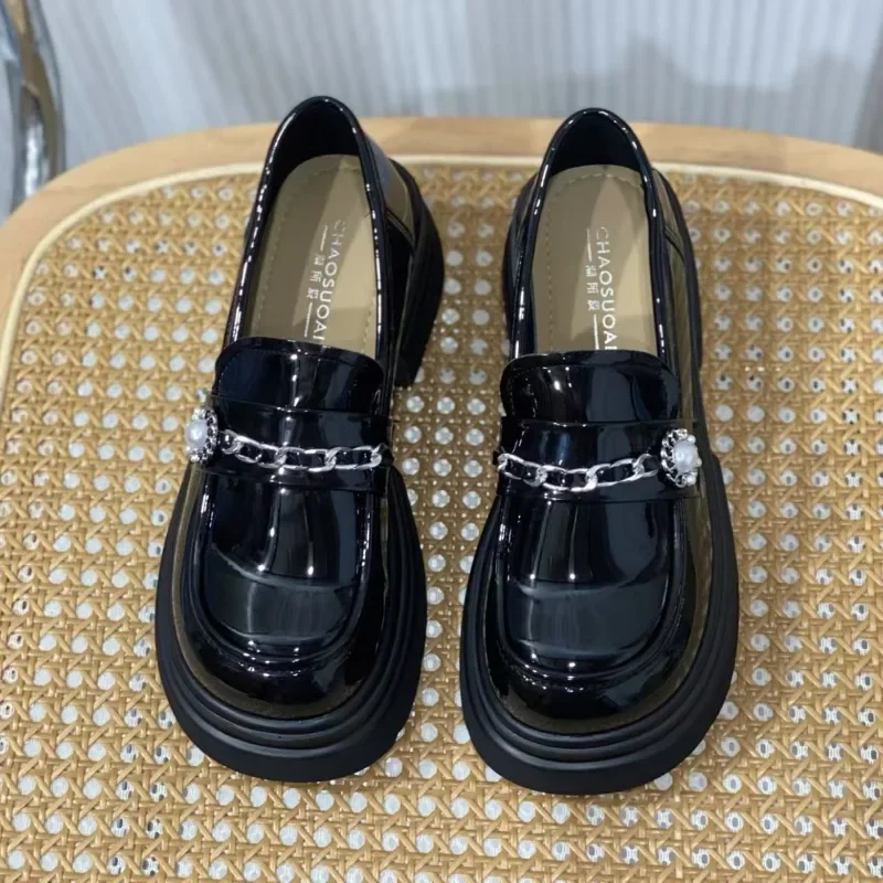 

Gothic Chunky High Heels Pumps for Women 2025 Spring Patent Leather Platform Loafers Woman Black Thick Heeled Jk Lolita Shoes