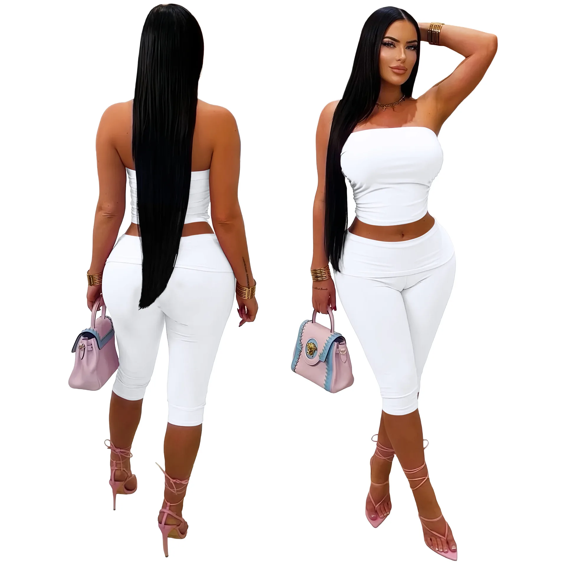 Customized LOGO women's spring and summer sexy slim fit comfortable tube top double layer seven-point shorts two-piece set