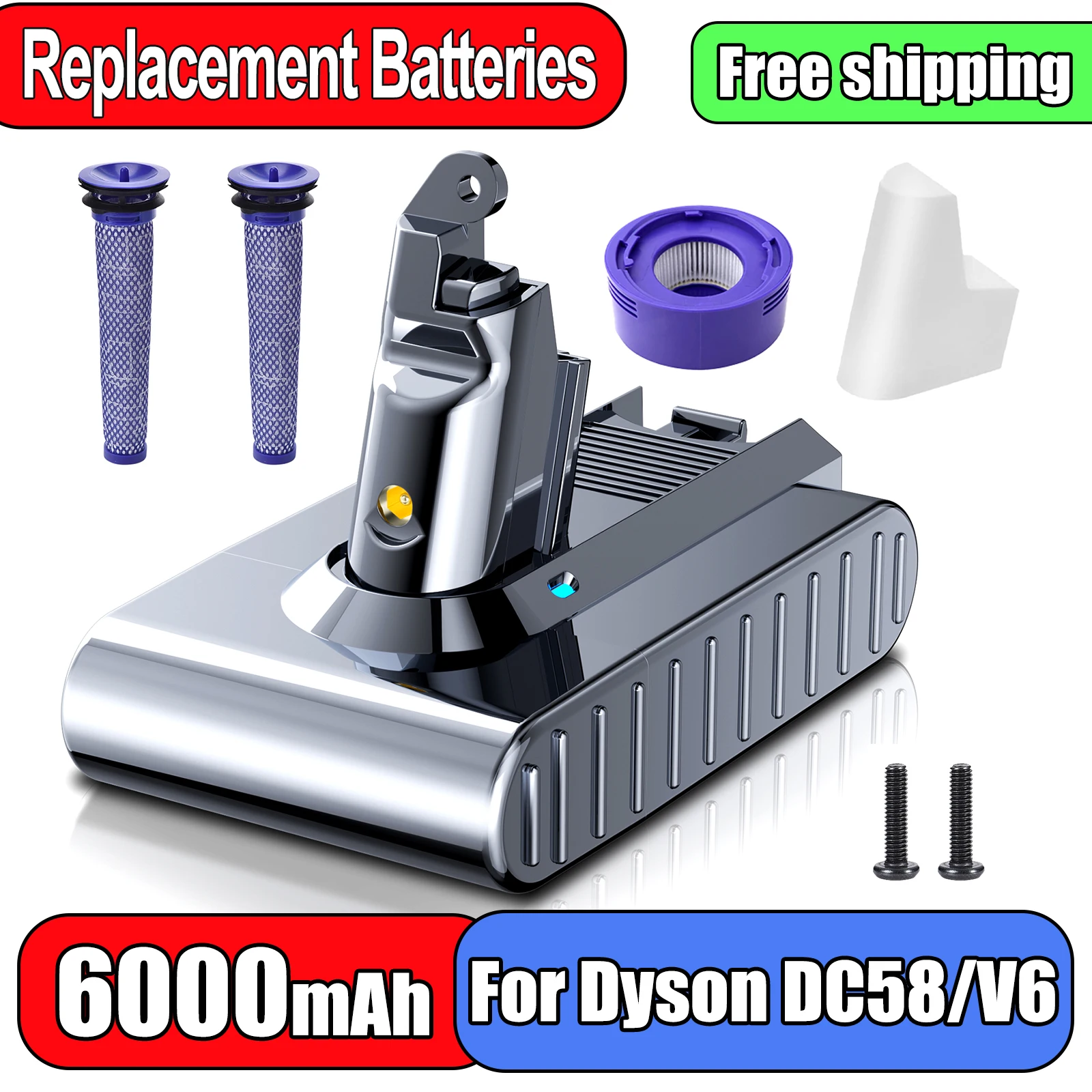 

6000mAh For Dyson V6 Battery Rechargeable Lithium Battery For Dyson DC58 DC59 DC61 DC62 21.6V Battery Vacuum Cleaner Batteries