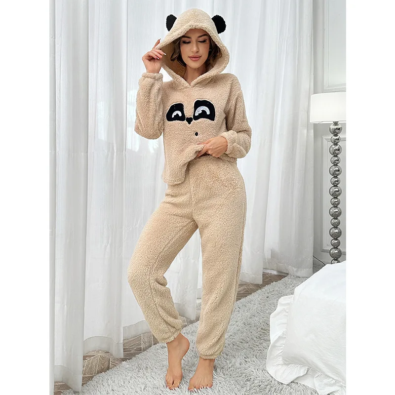 European and American Flannel Pajamas Solid Color Cartoon Pattern Pullover Set Autumn and Winter Loungewear Thick Hooded Pj Set