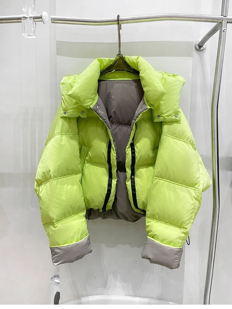 2024 Nieuwe Winter Contrasterende Kleur Capuchon Cropped Puffer Jack Vrouwen Tweezijdig Verdikte Witte Eend Naar Beneden Warm Brood Jas