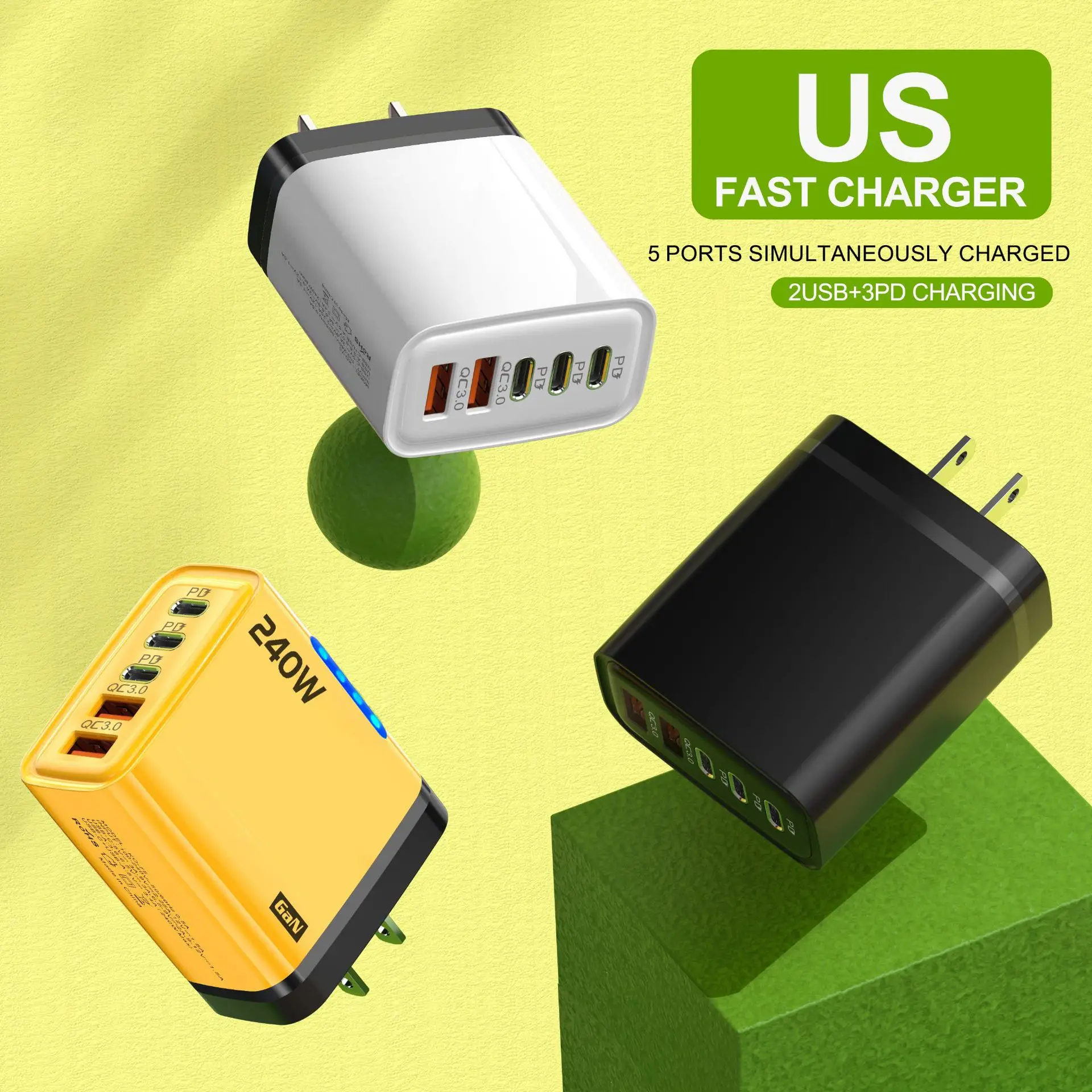XIAOMI 240 واط 5 في 1 شاحن الذكاء شحن سريع 3PD 2 شاحن USB عرض ضوء الاتحاد الأوروبي/الولايات المتحدة التوصيل آيفون 16 سامسونج هواوي