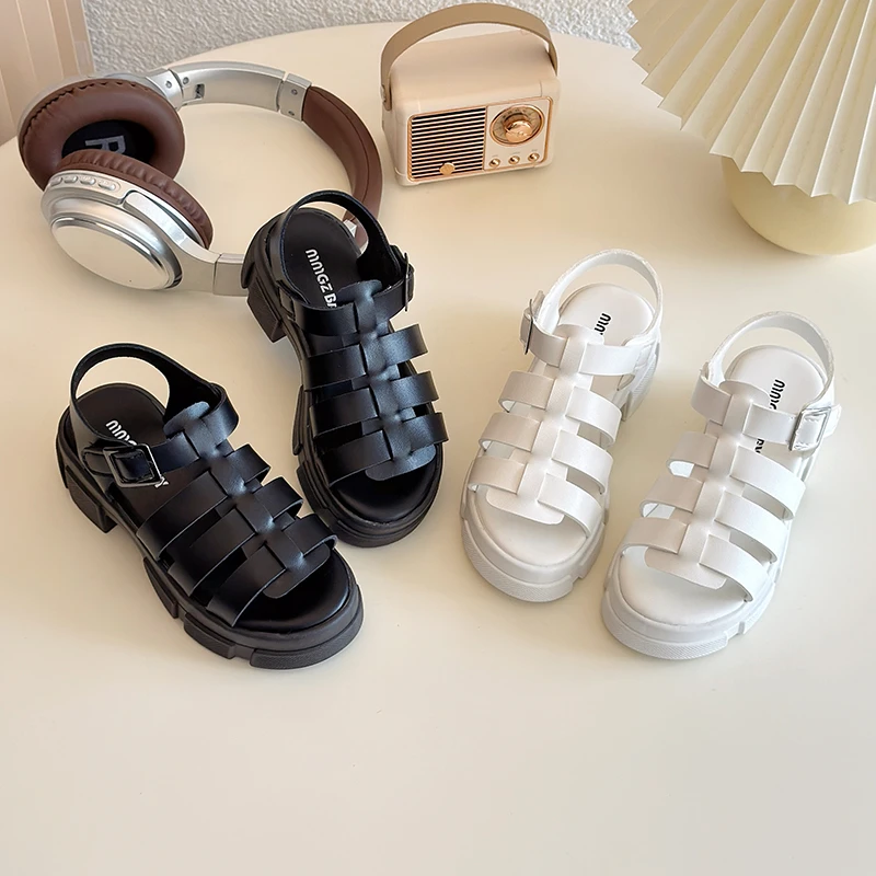 Girl's Summer Sandals Platform Pu Leather Hollow-out Kids Sliders Open Toe Black White Anti-slippery Stylish Children Shoes