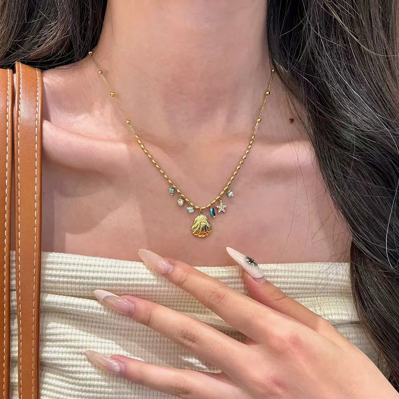 Sommerliche böhmische goldfarbene Anhänger-Halskette für Damen, Edelstahl, Meerjungfrauen-Schlüsselbeinkette, Schmuck-Accessoire, nicht verblassend, trendig – Detail 8