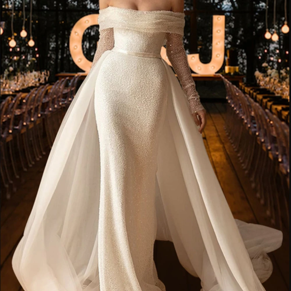 

Sparkly Boat-neck 3/4 Sleeves Off-The-Shoulder Wedding Dress with Detachable Tulle Train Sexy Back Zipper Beading Bridal Dress