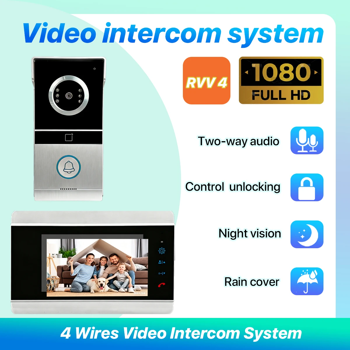 7 Inch 1080P HD Video Doorbell Intercom System with RFID Card Unlock 4-Wire Home Interphone Night Vision AHD Camera for Villa Se