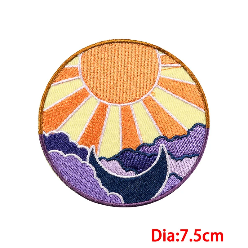 Cartoon Art Patches Mushroom Cat Moon Sun Iron on Cloth Sticker DIY Circular Chest Shoulder Badges Clothes Bags Hats Accessories