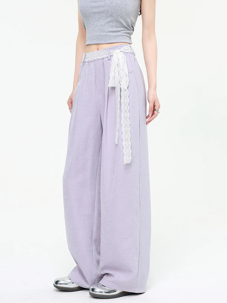 Koreanischen Stil frauen Breite Bein Hosen Sommer Hohe Taille Lose Bodenlangen Gerade Hosen mit Spitze Streamer Casual Hosen