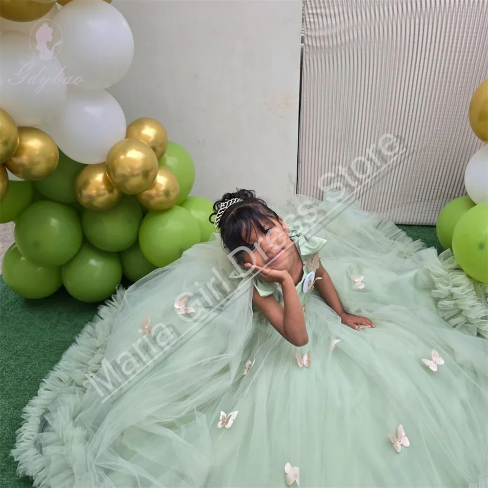 Sage Green Flower Girl Party Dress With Bow Decoration Tulle Fluffy For Beauty Pageant First Communion Custom Dress