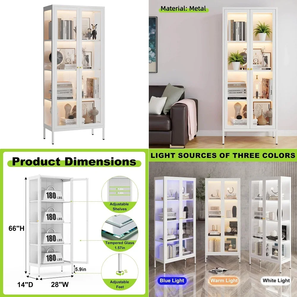 

Display Cabinet with Glass Doors, Glass Display Cabinet with 3 Color LED Lights, Curio Display Cabinet with 3 Shelves for Livin