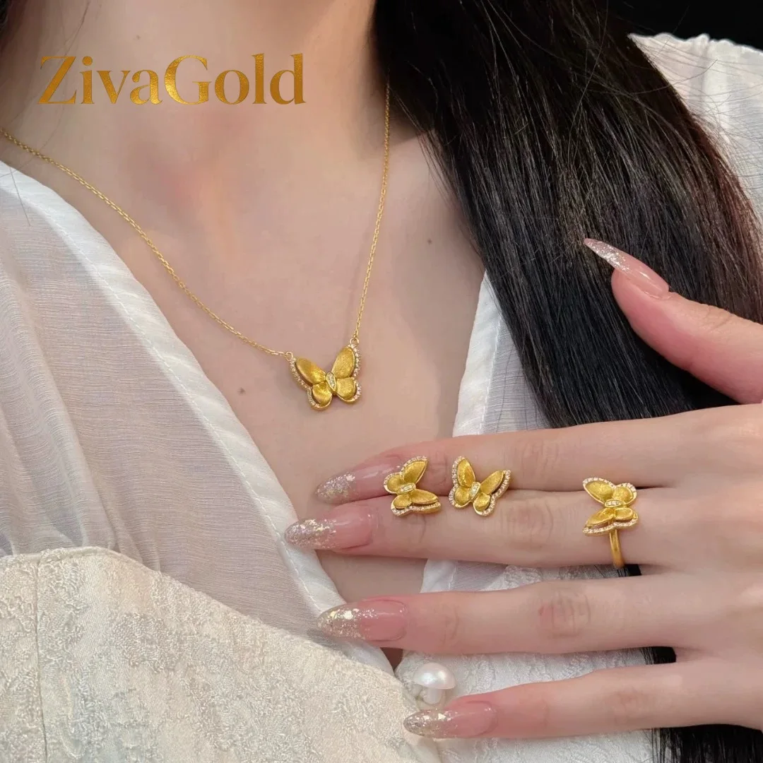 

ZivaGold Luxury 24K 9999 Pure Gold real gold Women's Brushed Beads Edge Butterfly Necklace