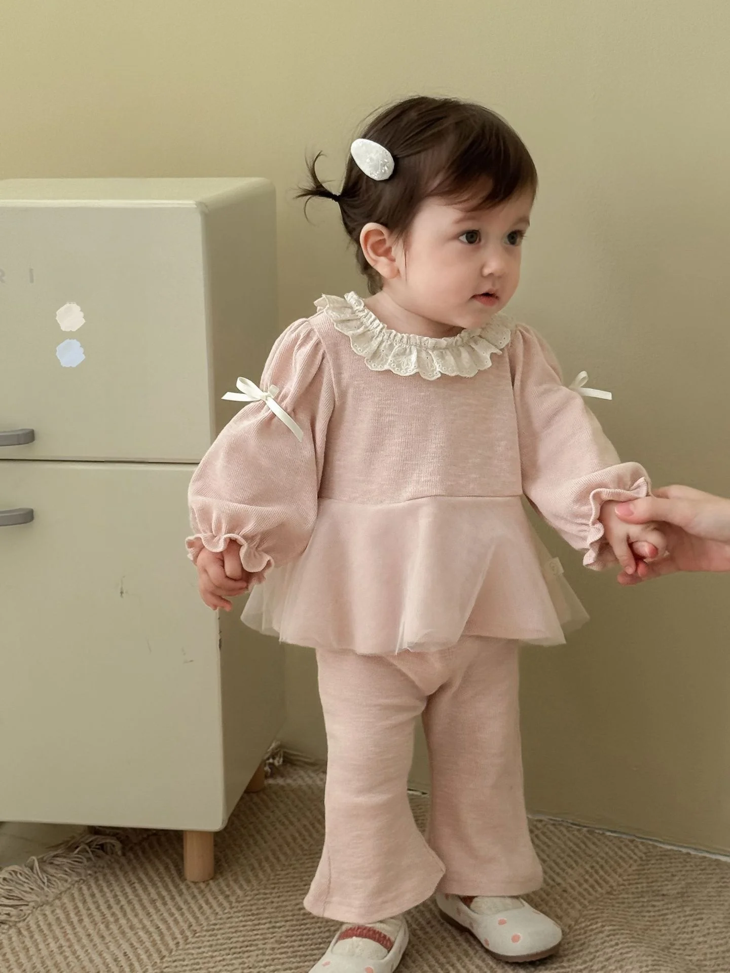 Autumn New Kids Clothing Set Mesh Bow Ruffle Blouse And Flare Pants 2 Pcs Girls Clothes Set Baby Girls Outfit